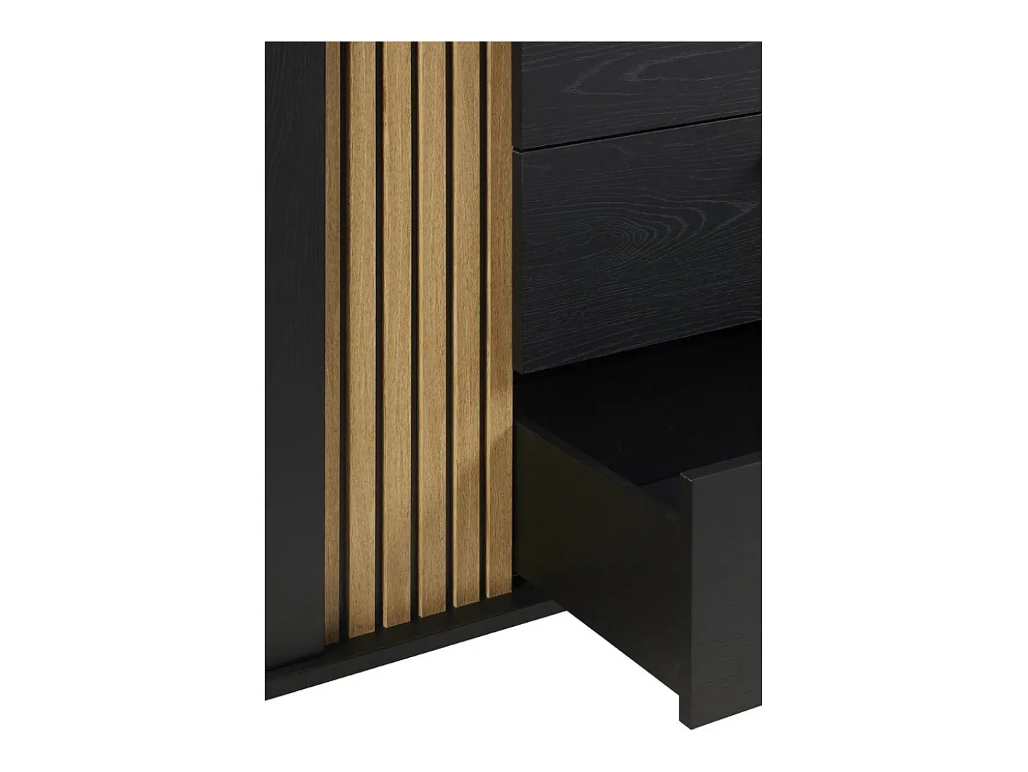 Buffet de diseño de 220cm con 2 puertas y 3 cajones para salón de color negro y roble colección LOFT con patas de metal.
