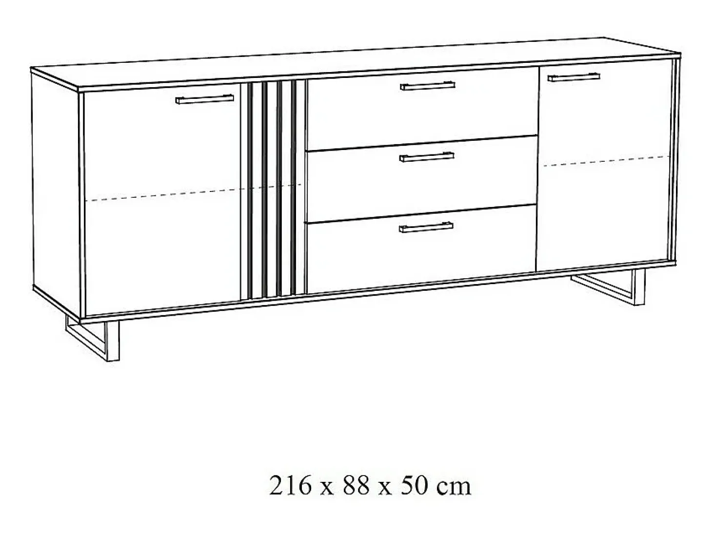 Buffet de diseño de 220cm con 2 puertas y 3 cajones para salón de color negro y roble colección LOFT con patas de metal.