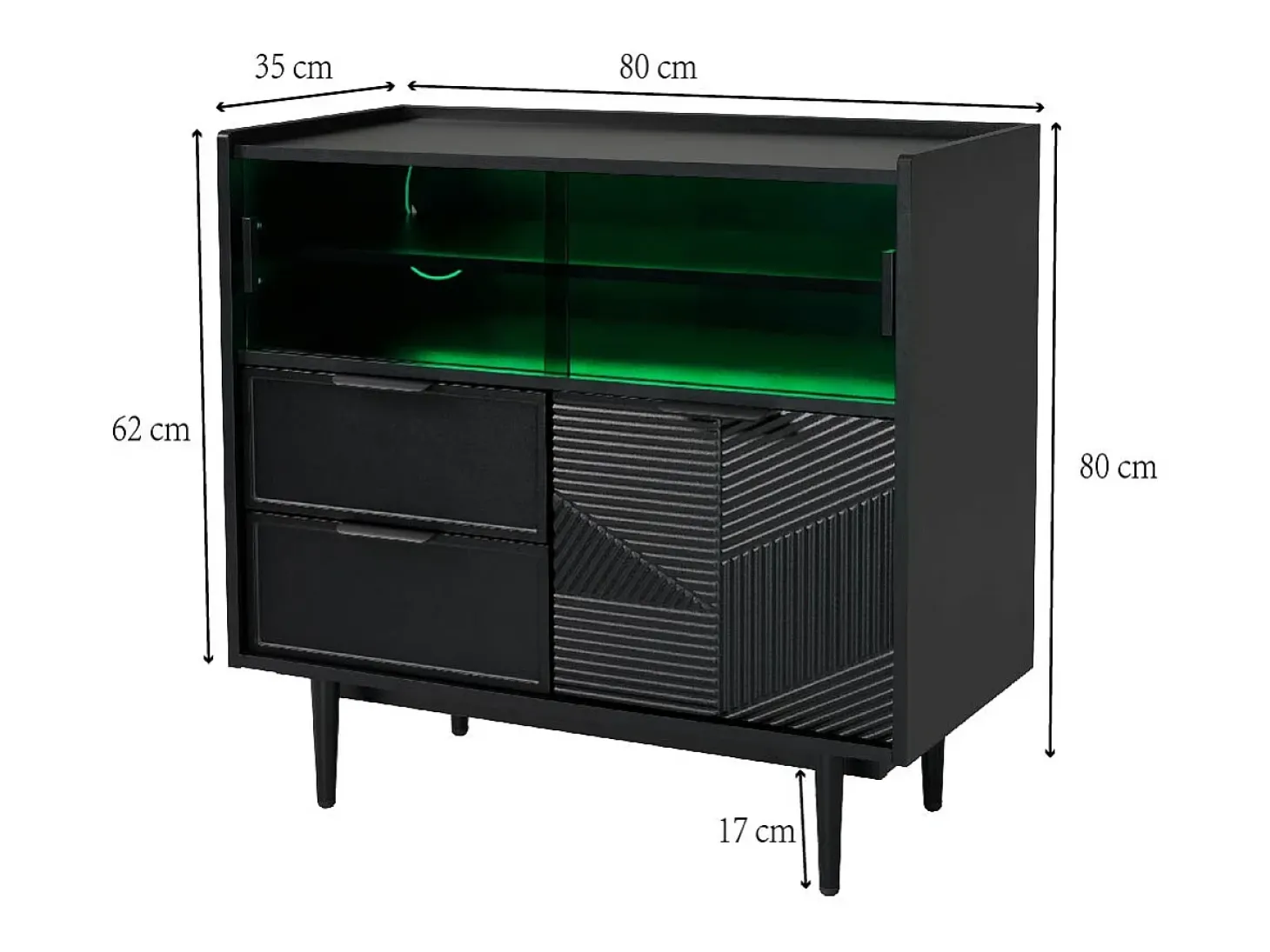 Buffet en MDF con LED - 1 puerta, 2 cajones y 2 compartimentos abiertos - Negro