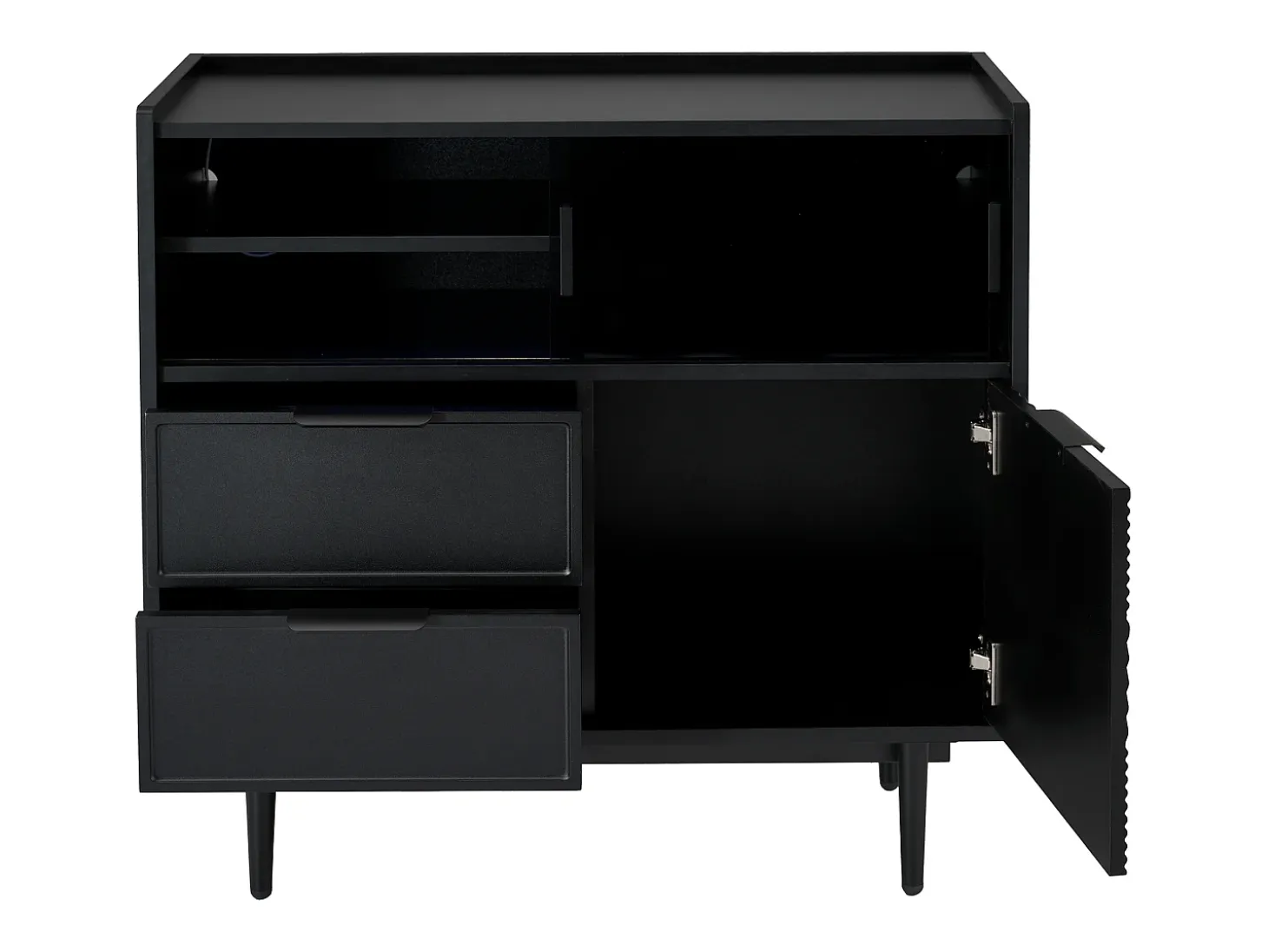 Buffet en MDF con LED - 1 puerta, 2 cajones y 2 compartimentos abiertos - Negro