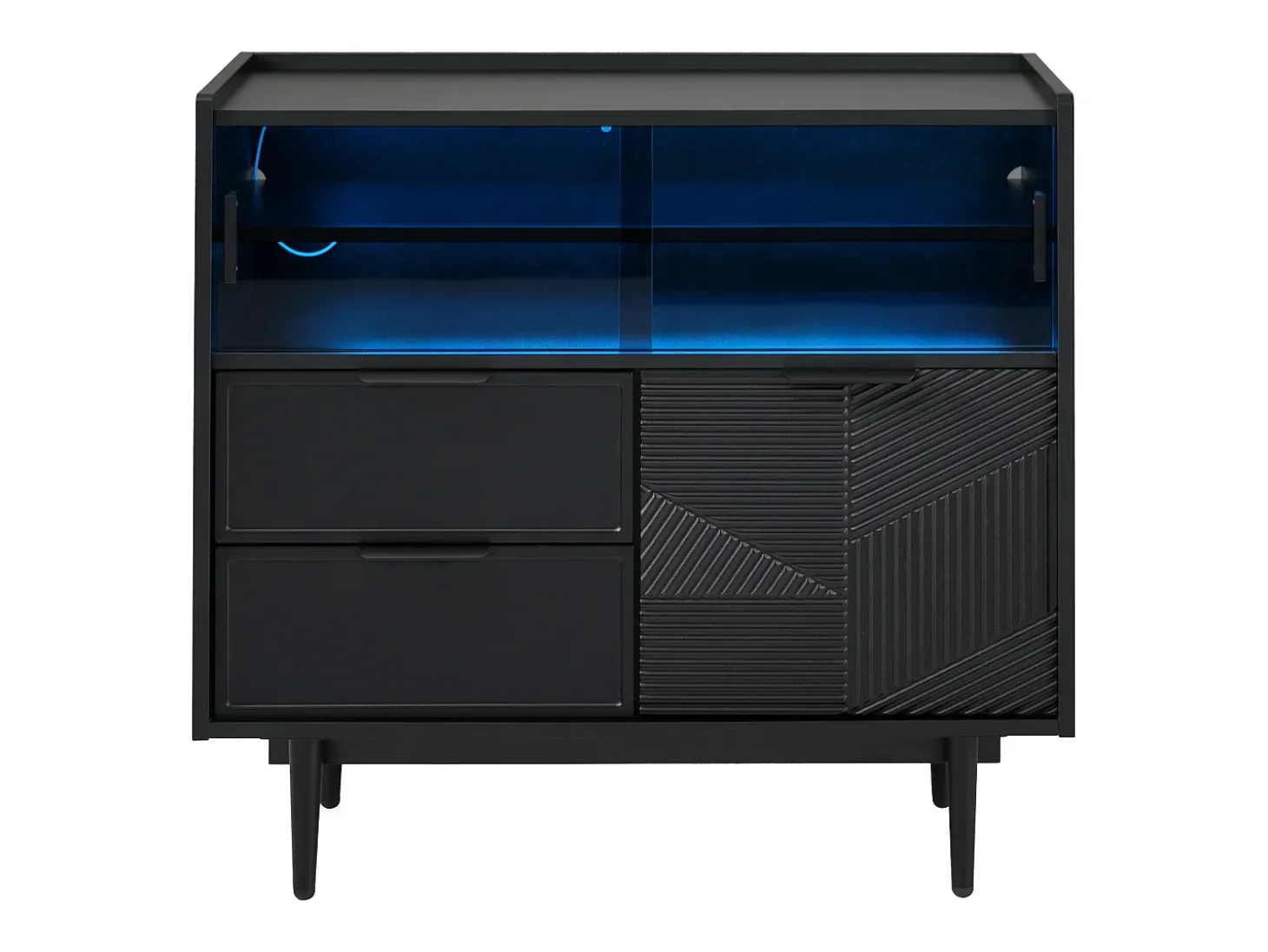 Buffet en MDF con LED - 1 puerta, 2 cajones y 2 compartimentos abiertos - Negro