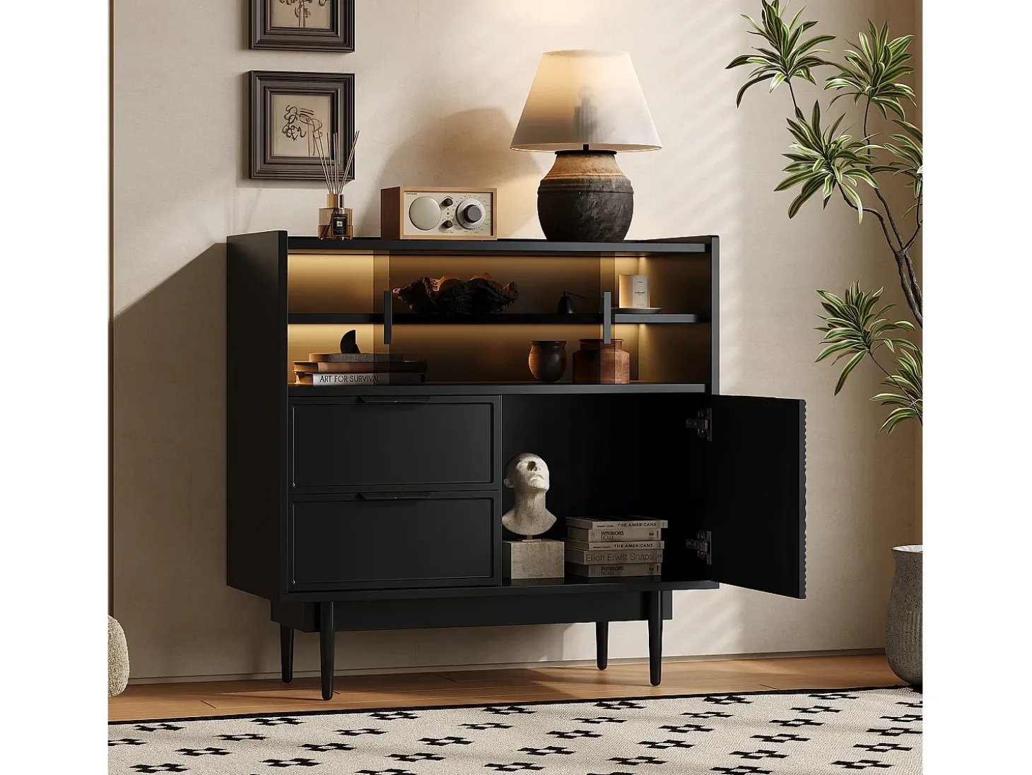 Buffet en MDF con LED - 1 puerta, 2 cajones y 2 compartimentos abiertos - Negro