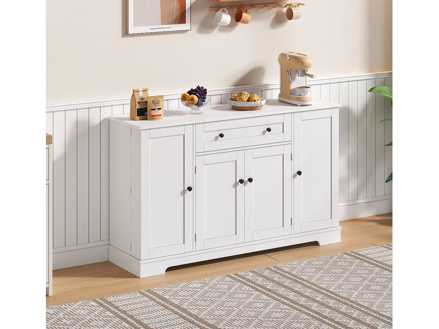 Buffet moderno 138×40×85 cm - con 2 puertas y 1 cajón - 2 puertas con estantes - blanco