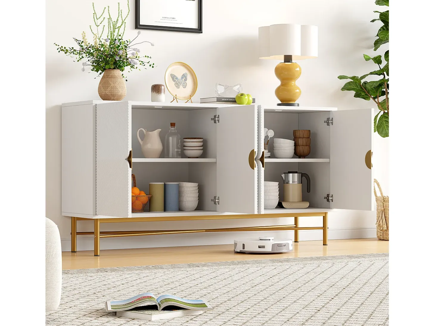 Buffet moderno 160×40×82 cm - con 4 puertas - patas de metal - panel de partículas - blanco