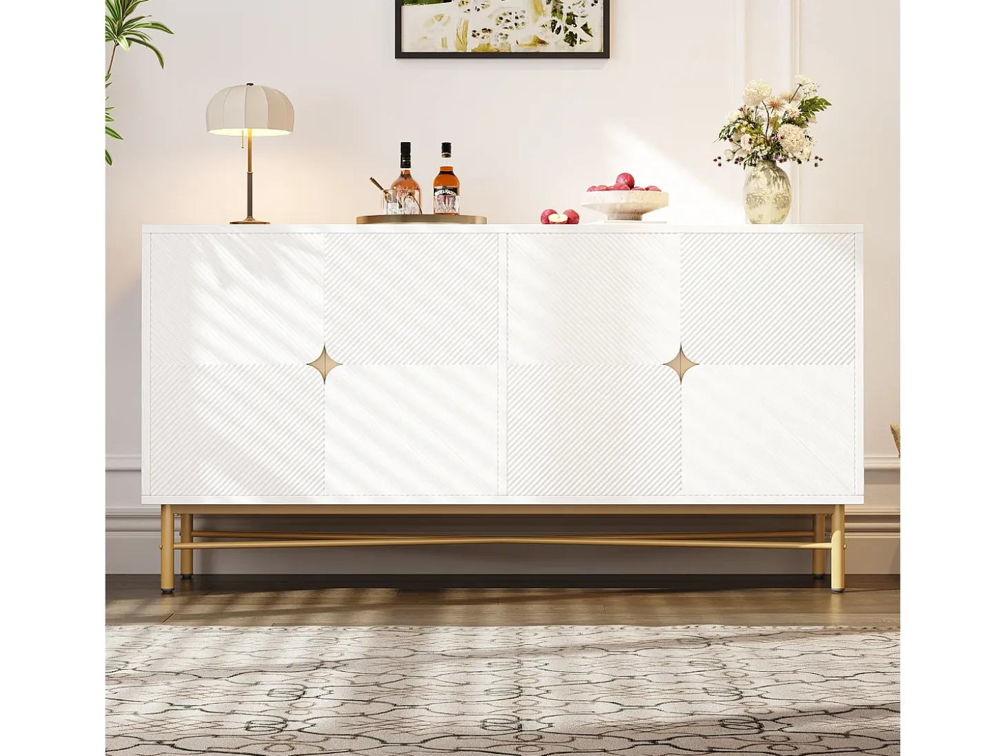 Buffet moderno 160×40×82 cm - con 4 puertas - patas de metal - panel de partículas - blanco