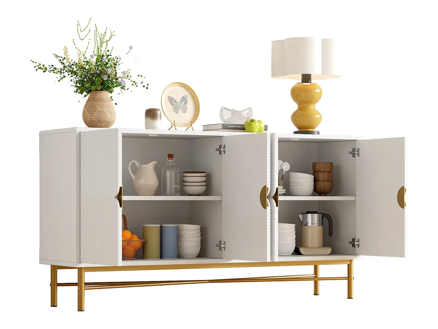 Buffet moderno 160×40×82 cm - con 4 puertas - patas de metal - panel de partículas - blanco