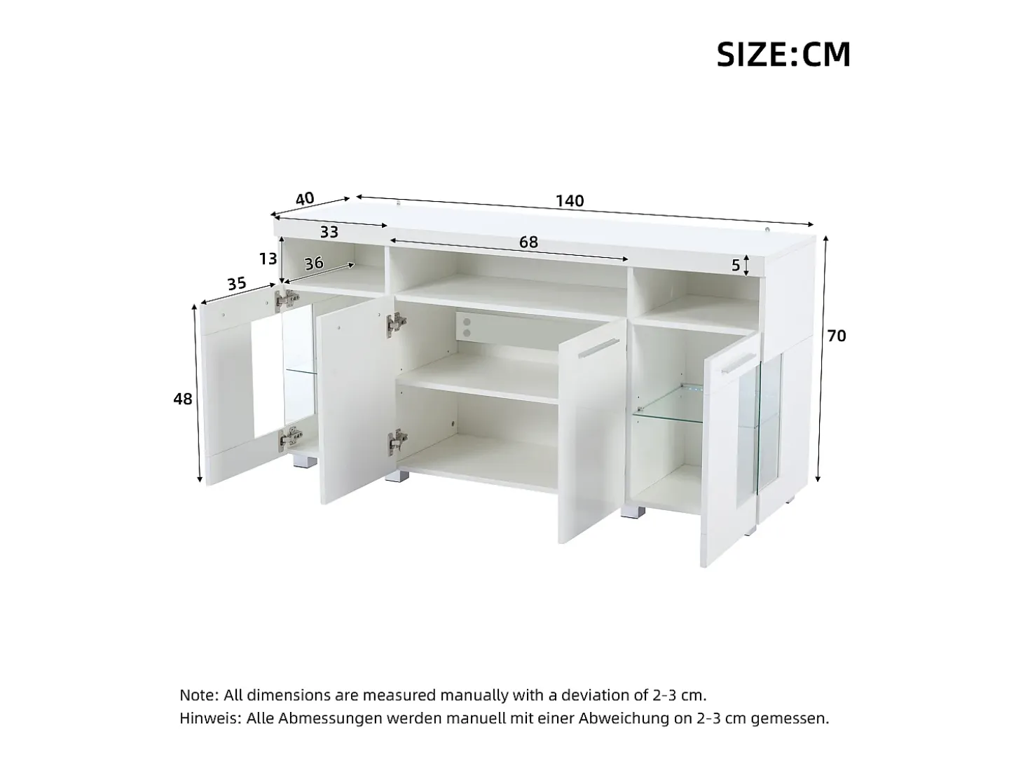 Buffet moderno con LED - 4 puertas y 9 compartimentos de almacenamiento - MDF + vidrio templado transparente - Blanco