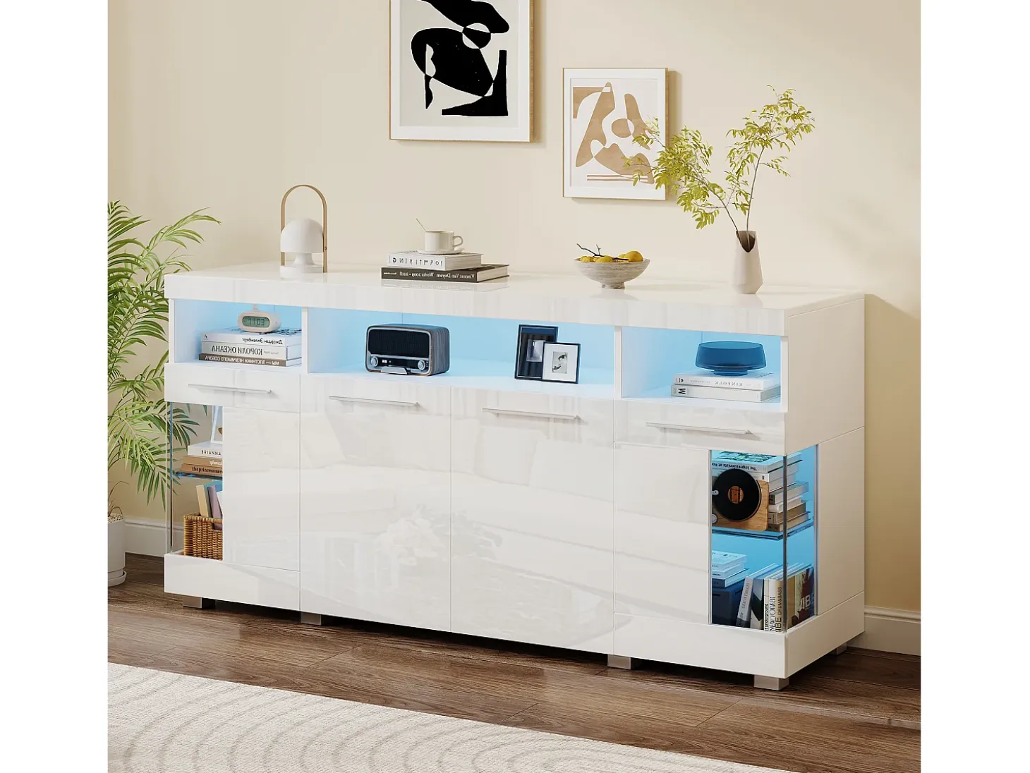 Buffet moderno con LED - 4 puertas y 9 compartimentos de almacenamiento - MDF + vidrio templado transparente - Blanco