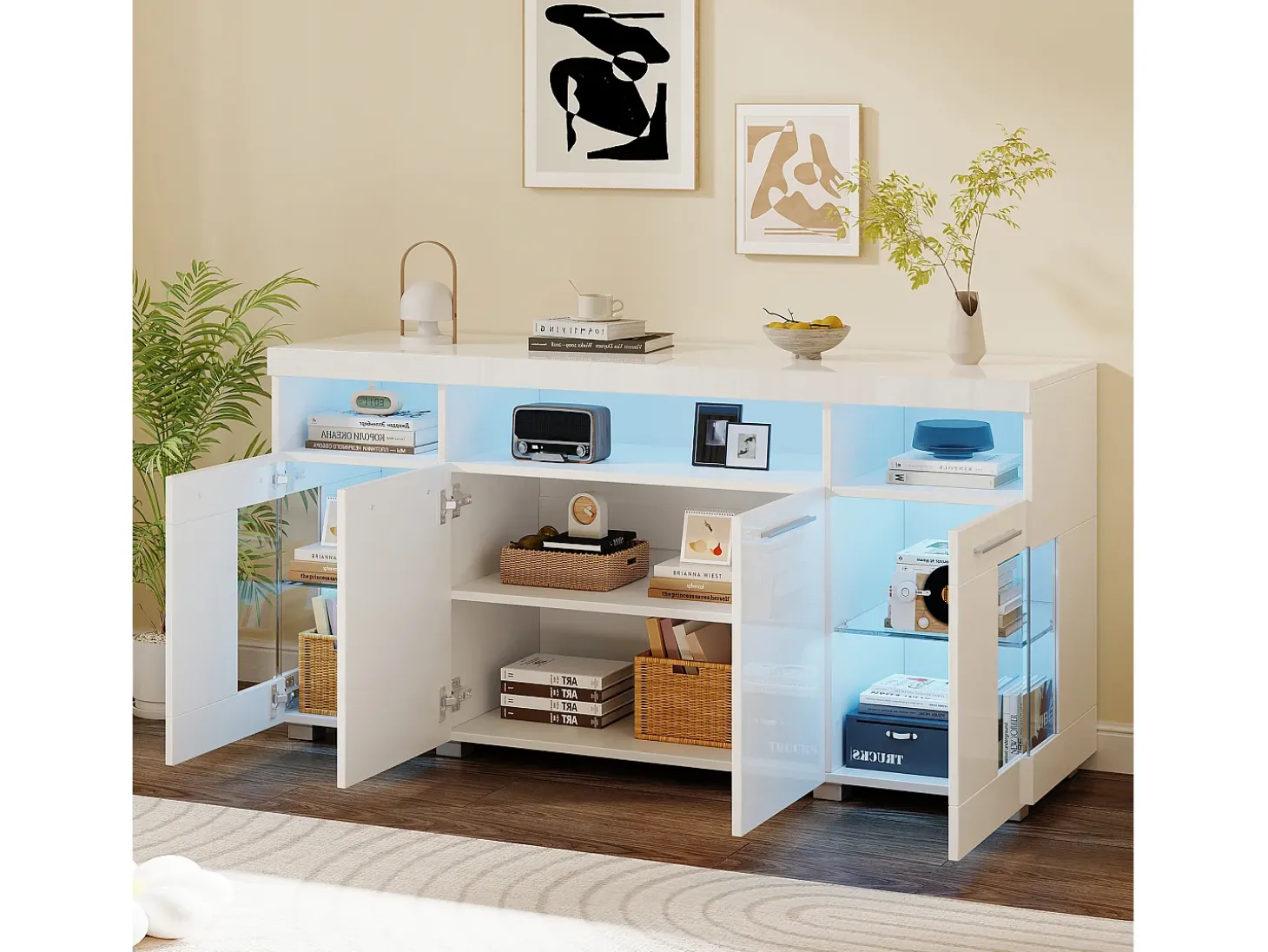 Buffet moderno con LED - 4 puertas y 9 compartimentos de almacenamiento - MDF + vidrio templado transparente - Blanco