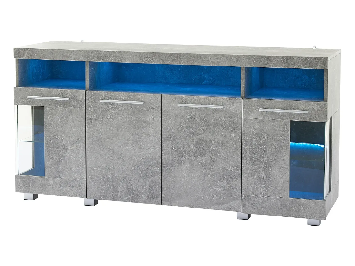 Buffet moderno con LED - 4 puertas y 9 compartimentos de almacenamiento - MDF + vidrio templado transparente - Gris