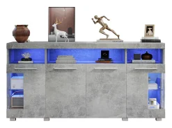 Buffet moderno con LED - 4 puertas y 9 compartimentos de almacenamiento - MDF + vidrio templado transparente - Gris
