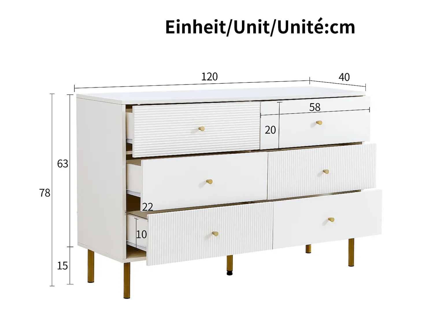 Buffet moderno 120x40x78 cm - 6 cajones - Patas de metal - MDF - Blanco