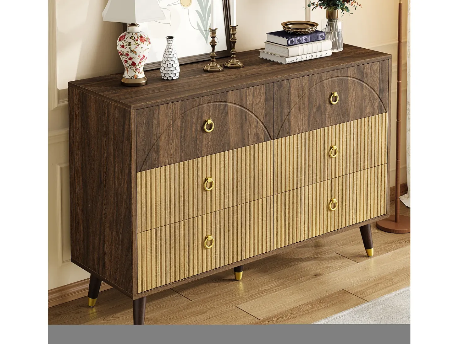 Buffet moderno 120x40x81 cm - 6 cajones - Patas de madera maciza - Acabado bicolor veteado - MDF - Natural