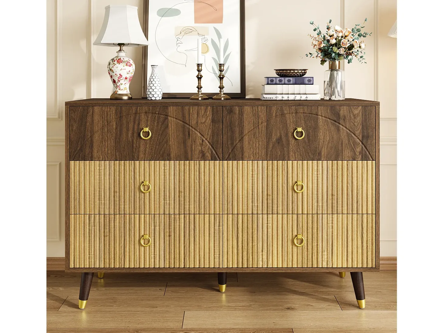 Buffet moderno 120x40x81 cm - 6 cajones - Patas de madera maciza - Acabado bicolor veteado - MDF - Natural
