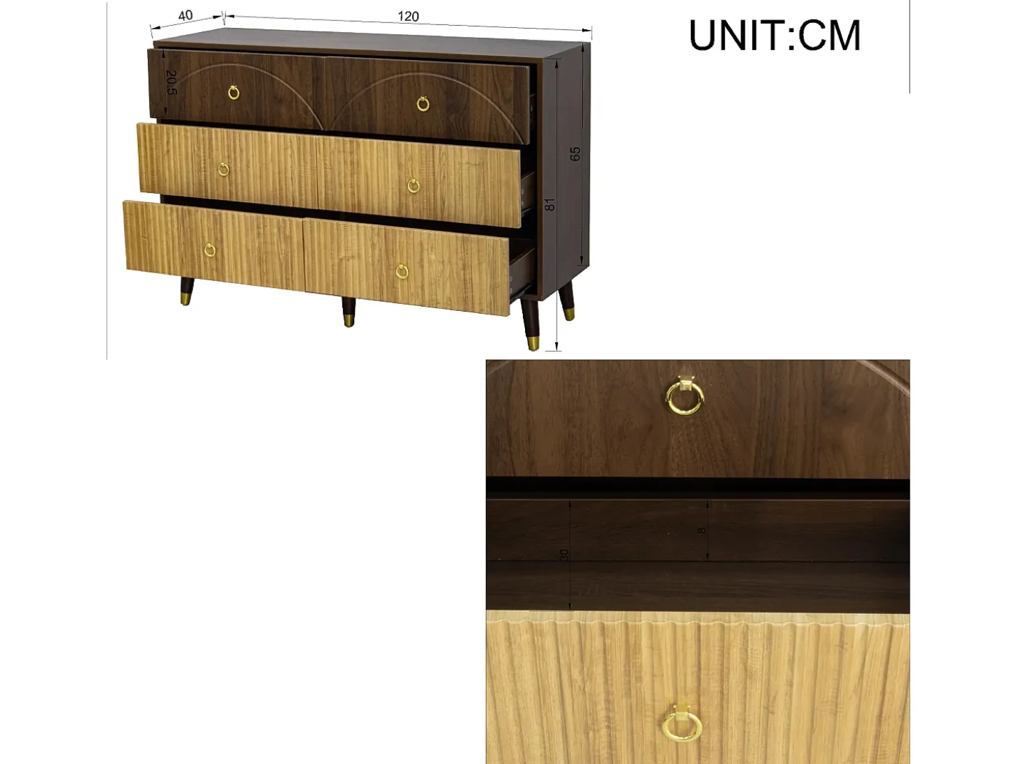 Buffet moderno 120x40x81 cm - 6 cajones - Patas de madera maciza - Acabado bicolor veteado - MDF - Natural