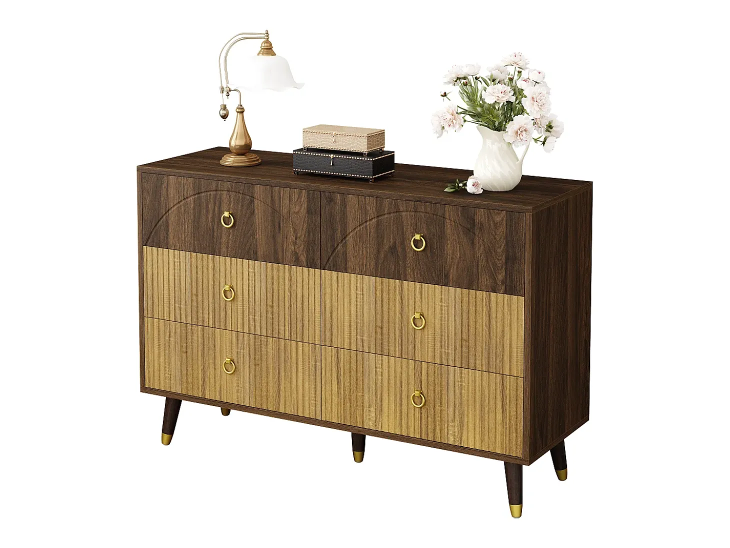 Buffet moderno 120x40x81 cm - 6 cajones - Patas de madera maciza - Acabado bicolor veteado - MDF - Natural