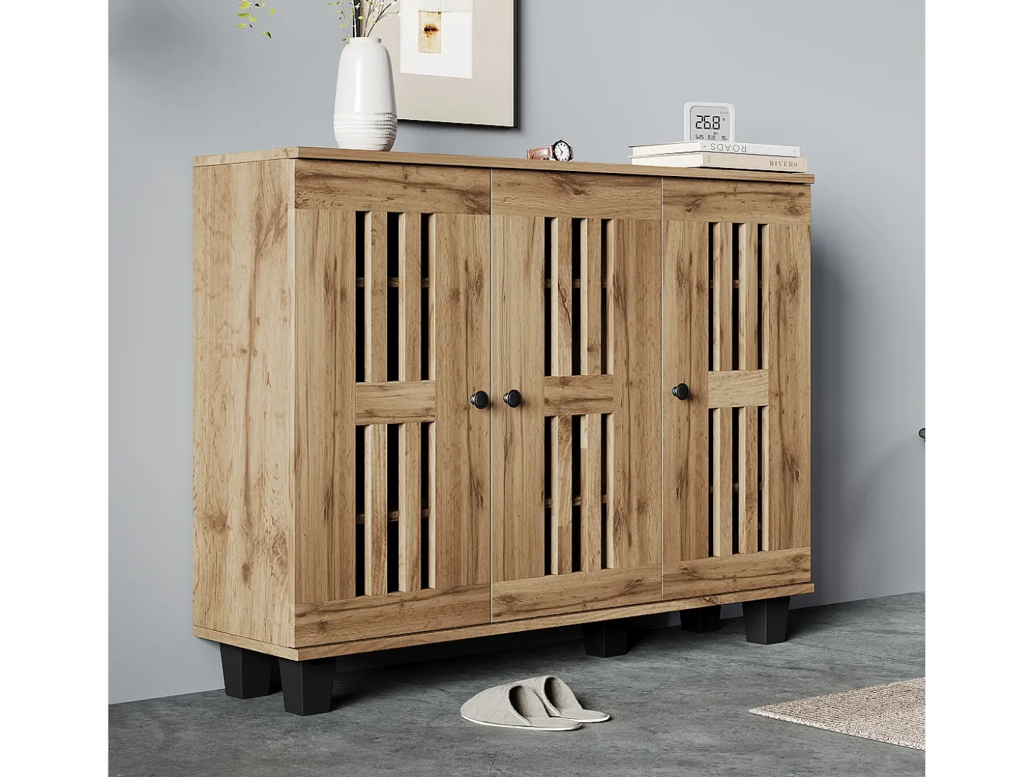 Buffet moderno 120x32x92 cm - 3 puertas y 8 compartimentos de almacenamiento - Estilo escandinavo - Natural