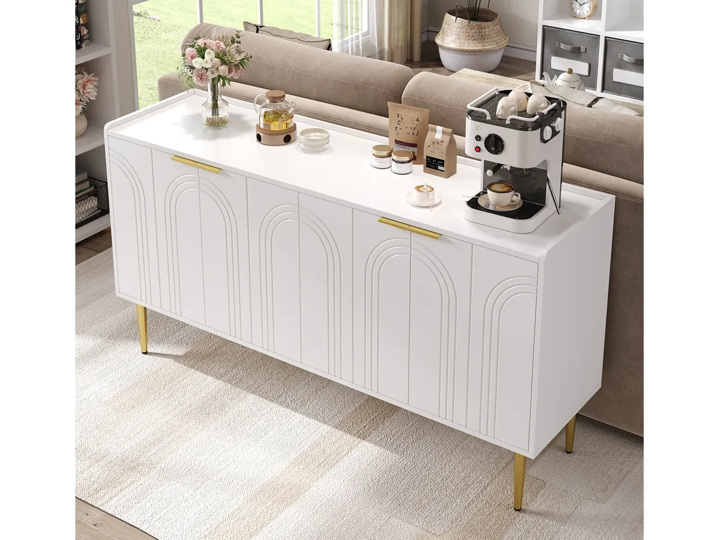 Buffet moderno 140x38x75 cm - 4 puertas - Patas de metal - MDF - Blanco