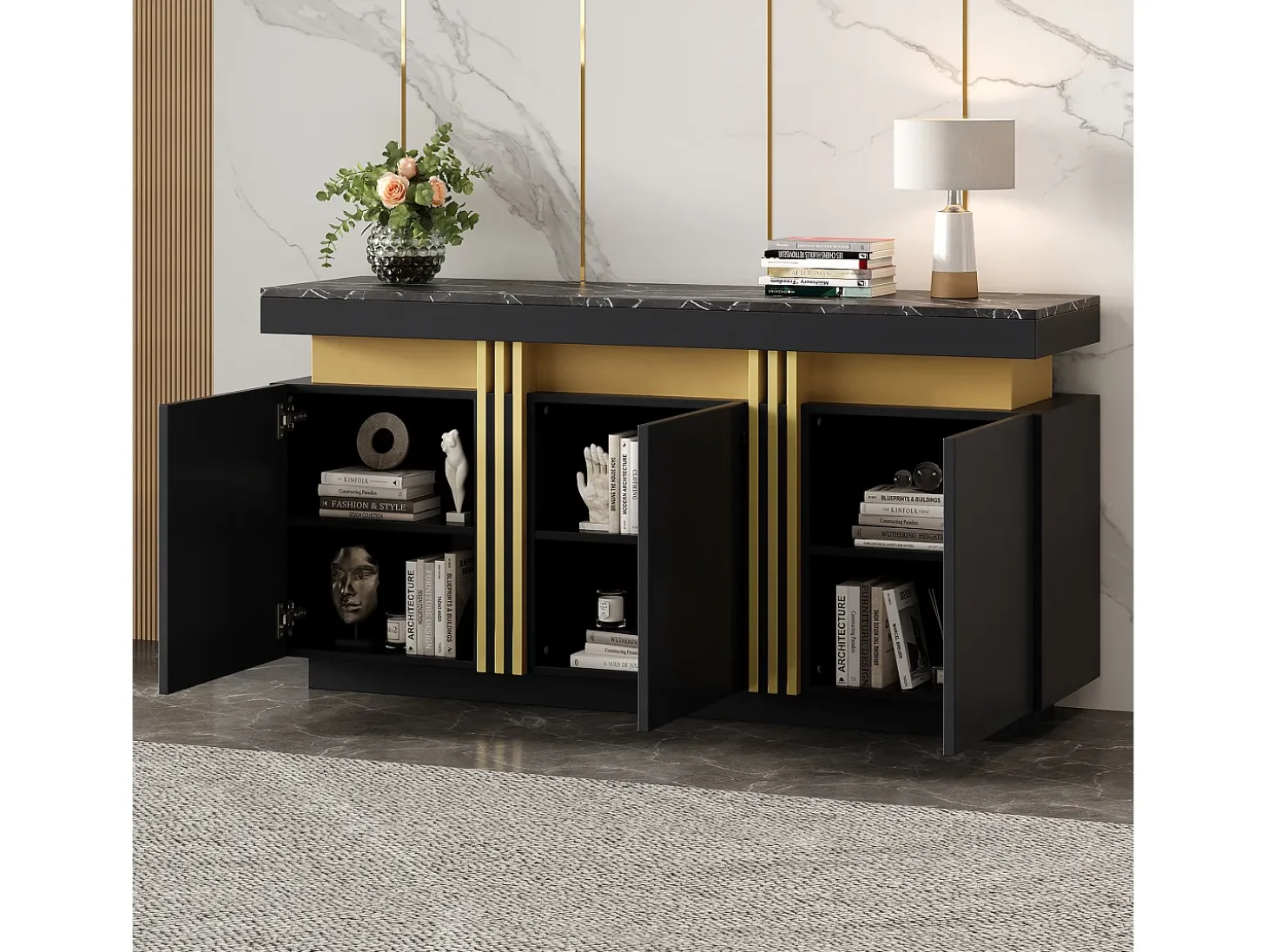 Buffet moderno 140x38x70 cm - 3 puertas - Estantes ajustables - negro