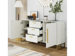 Buffet moderno 145x40x75cm - con 2 puertas y 3 cajones - con estantes ajustables - con diseño de espiga - Blanco