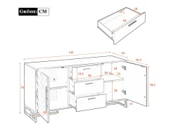 Buffet moderno 145x40x75cm - con 2 puertas y 3 cajones - con estantes ajustables - con diseño de espiga - Blanco