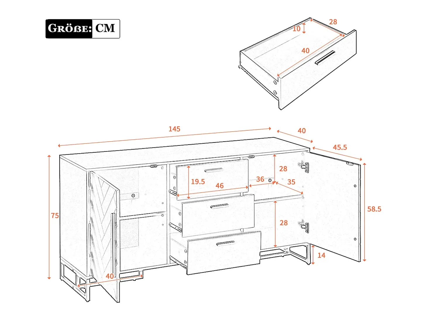 Buffet moderno 145x40x75cm - con 2 puertas y 3 cajones - con estantes ajustables - con diseño de espiga - Blanco