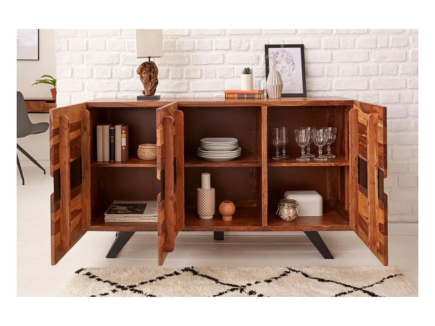 Buffet ORKAN 150 cm – Madera maciza de Sesham y metal negro – 3 puertas diseño industrial