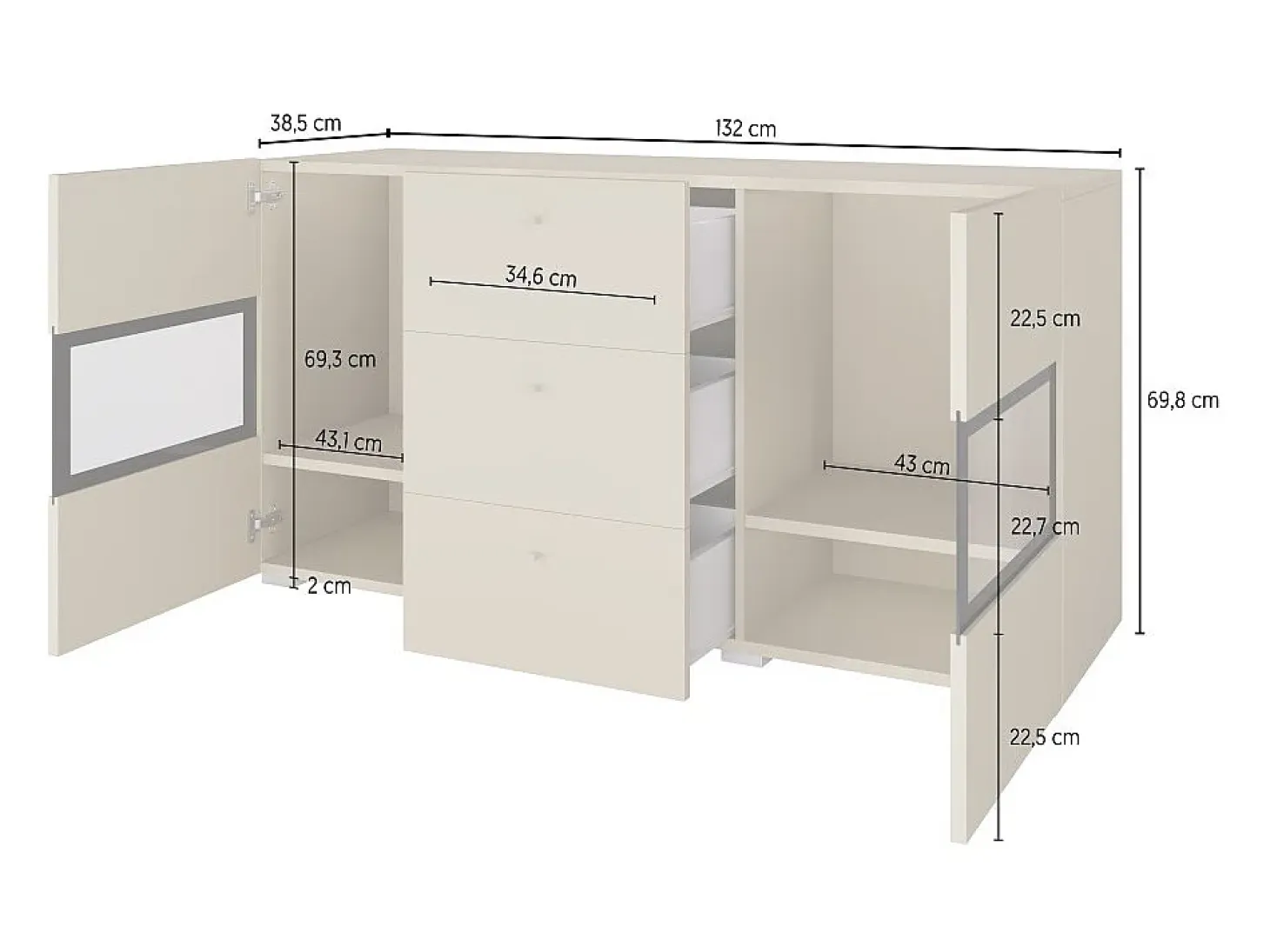 Buffet RAMOS – 2 puertas acristaladas + 3 cajones – Color blanco brillante y negro – LED no incluida