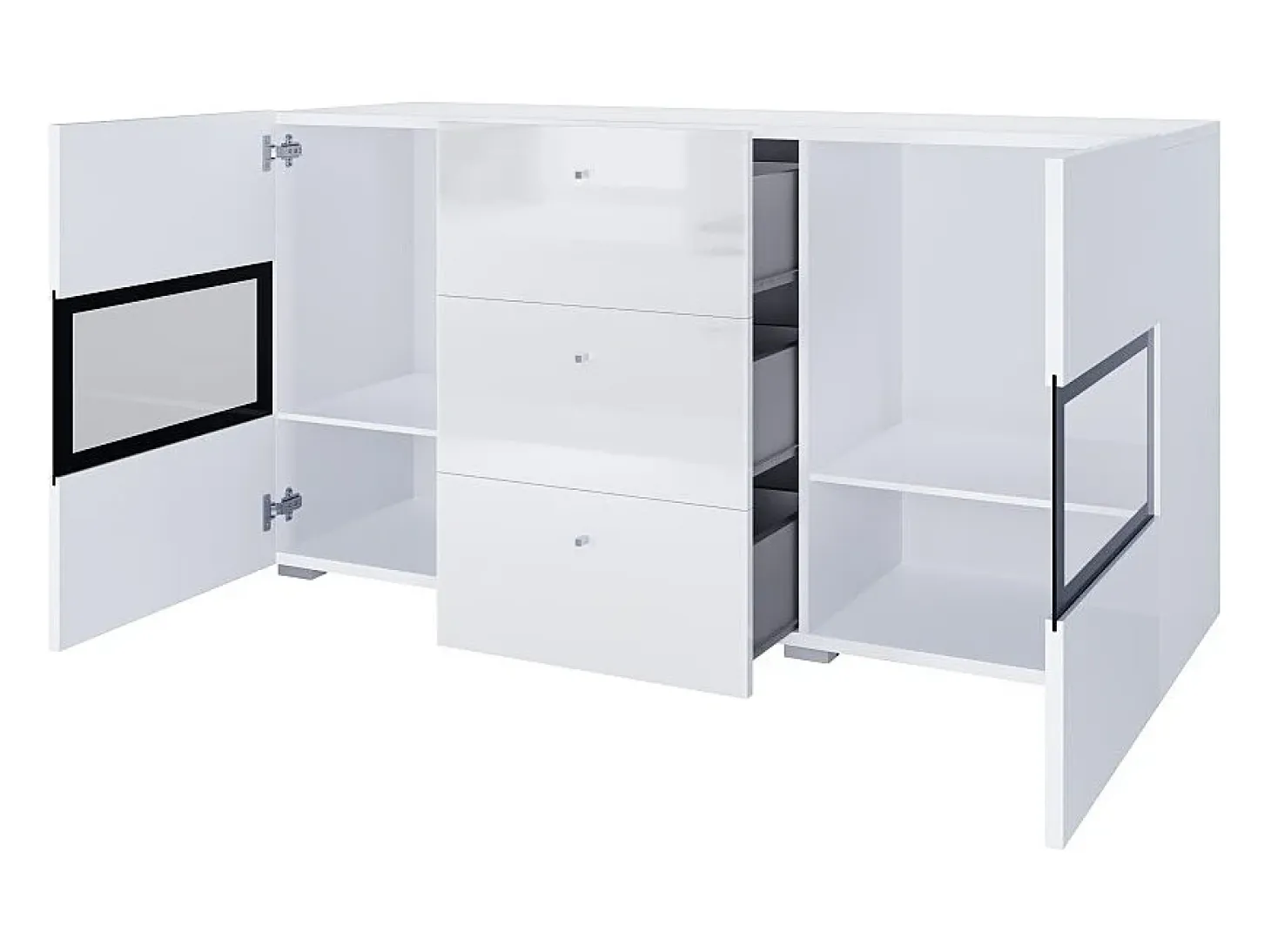 Buffet RAMOS – 2 puertas acristaladas + 3 cajones – Color blanco brillante y negro – LED no incluida