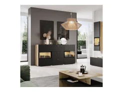 Buffet RAMOS 130 cm – Roble y negro super mate – 2 puertas con vidrio y 3 cajones – Sin LED