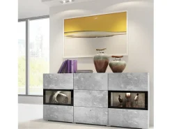 Buffet RAMOS – Gris efecto concreto y negro – LED multicolores incluidos – 2 puertas de vidrio + 3 cajones
