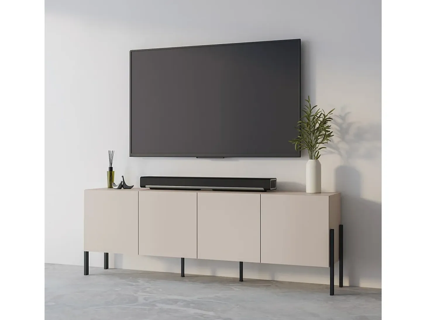 Buffet SALMA 4 puertas Push-to-Open – beige & negro mate, 204×70×40 cm