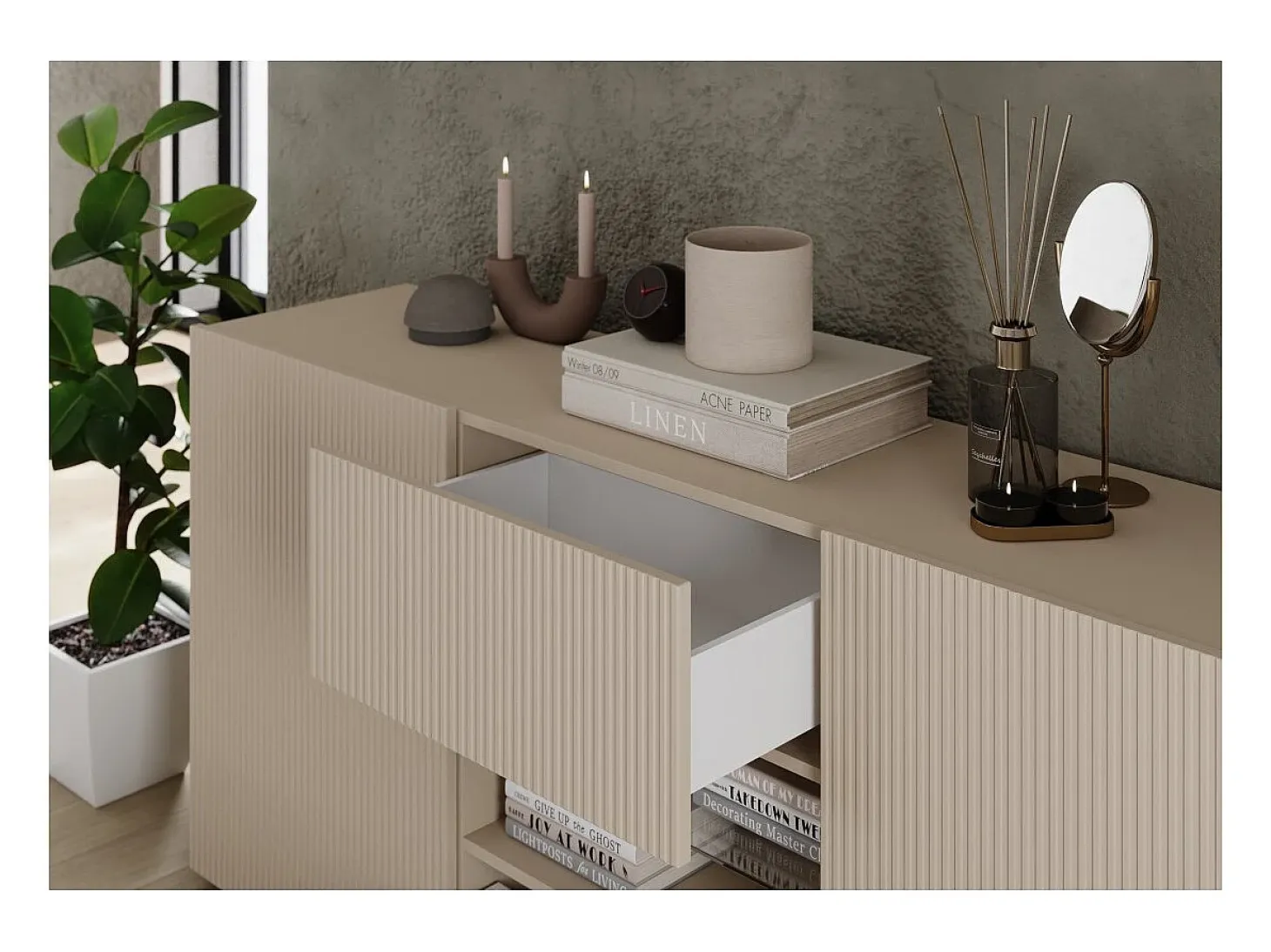 Buffet SCENA – L181 x H84 x P42 cm – 2 puertas + 2 cajones + nicho – Color Cachemira