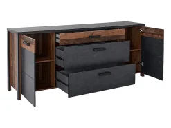 Buffet WINDSOR gris antracita y roble oscuro - 3 cajones y 2 puertas - 196.8 x 80.6 x 44 cm