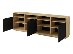 Buffet XL 240cm colección VILLA. Color roble y negro. 4 puertas y 4 nichos iluminados.