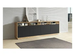 Buffet XL 240cm colección VILLA. Color roble y negro. 4 puertas y 4 nichos iluminados.