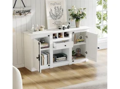 Buffet 130x35x70 cm - 2 puertas y 1 cajón - con portavinos - Espacio de almacenamiento semiabierto - diseño retro - Blanco