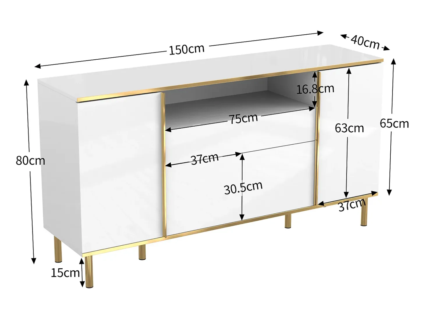 Buffet 150x40x80 cm - con 1 cajón - con 4 puertas - blanco