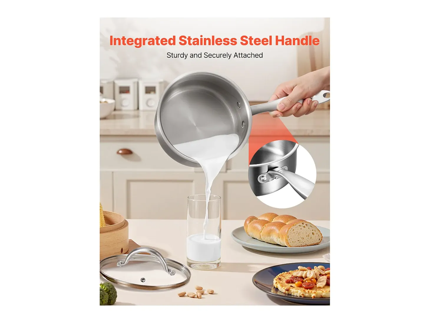 Cacerola SucceBuy en Acero Inoxidable 1,4 L, Cacerola con Tapa de Vidrio Y Mango Ergonomico, Antiadherente, Lavable en Lavavajillas, Utensilio de Cocina