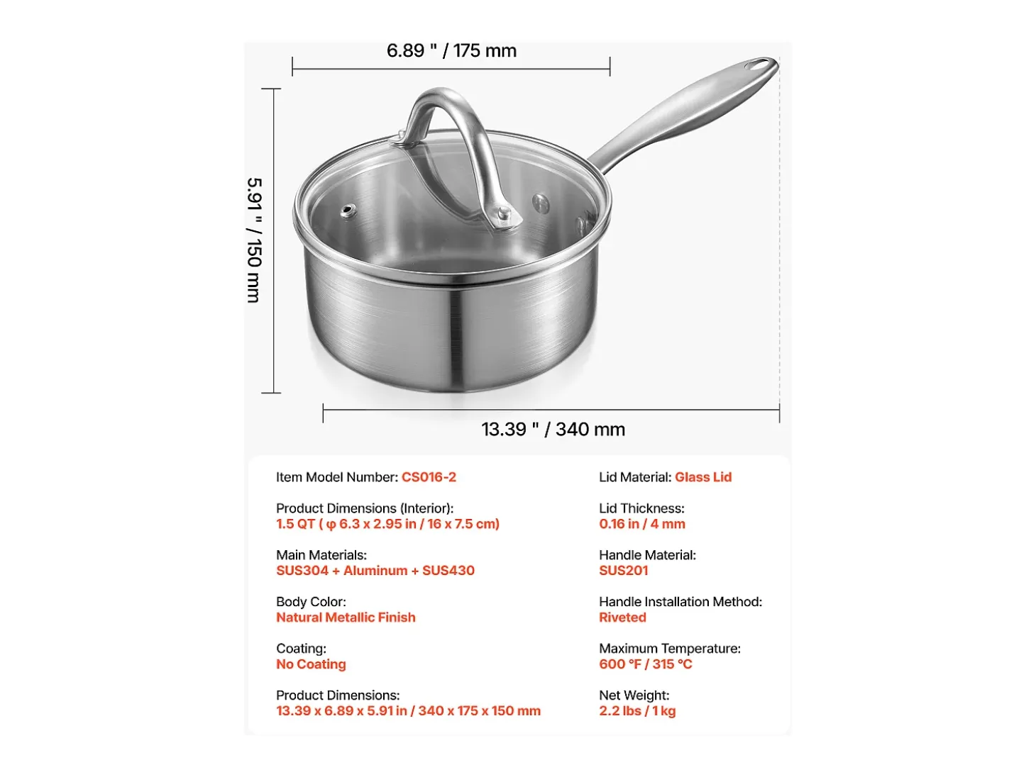 Cacerola SucceBuy en Acero Inoxidable 1,4 L, Cacerola con Tapa de Vidrio Y Mango Ergonomico, Antiadherente, Lavable en Lavavajillas, Utensilio de Cocina