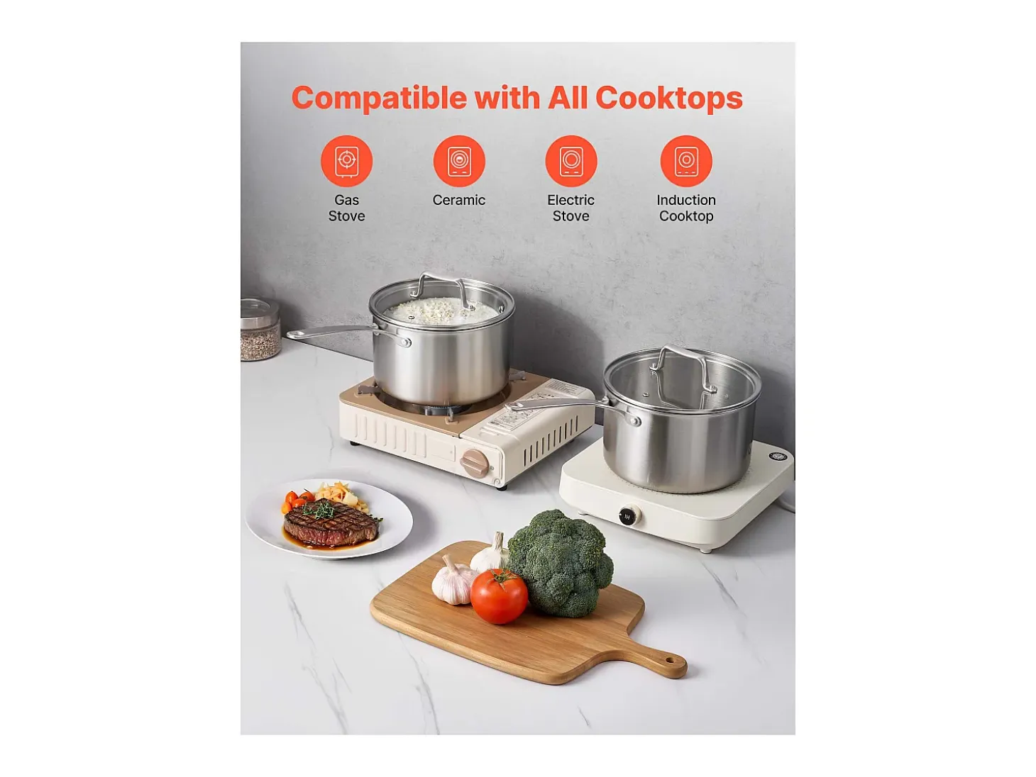 Cacerola SucceBuy en Acero Inoxidable 3,8 L, Cacerola con Tapa de Vidrio Y Mango Ergonomico, Antiadherente, Lavable en Lavavajillas, Utensilio de Cocina