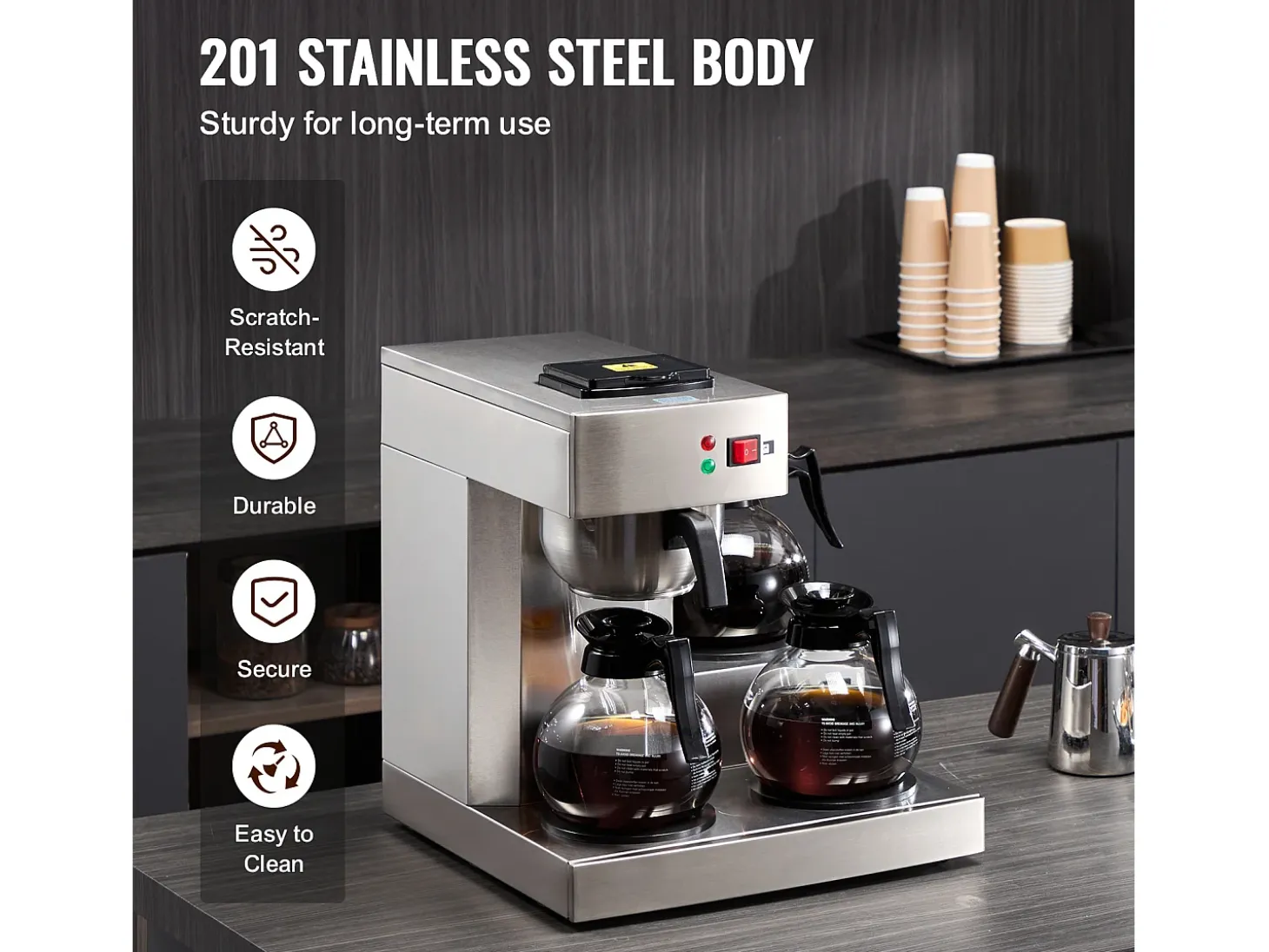 Cafetera de Filtro SucceBuy Comercial 12 Tazas con 3 Jarras y 3 Placas Calefactoras, Toma de Agua Automática para Restaurante, Oficina, Cafetería