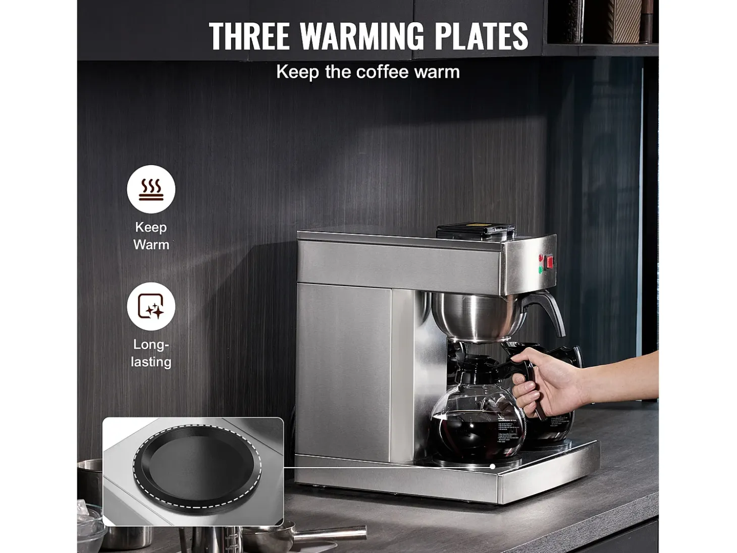 Cafetera de Filtro SucceBuy Comercial 12 Tazas con 3 Jarras y 3 Placas Calefactoras, Toma de Agua Automática para Restaurante, Oficina, Cafetería