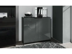 Cajonera Logan, Cómoda con 2 Puertas, negro mate/gris de alto brillo (82 x 78 x 37 cm)