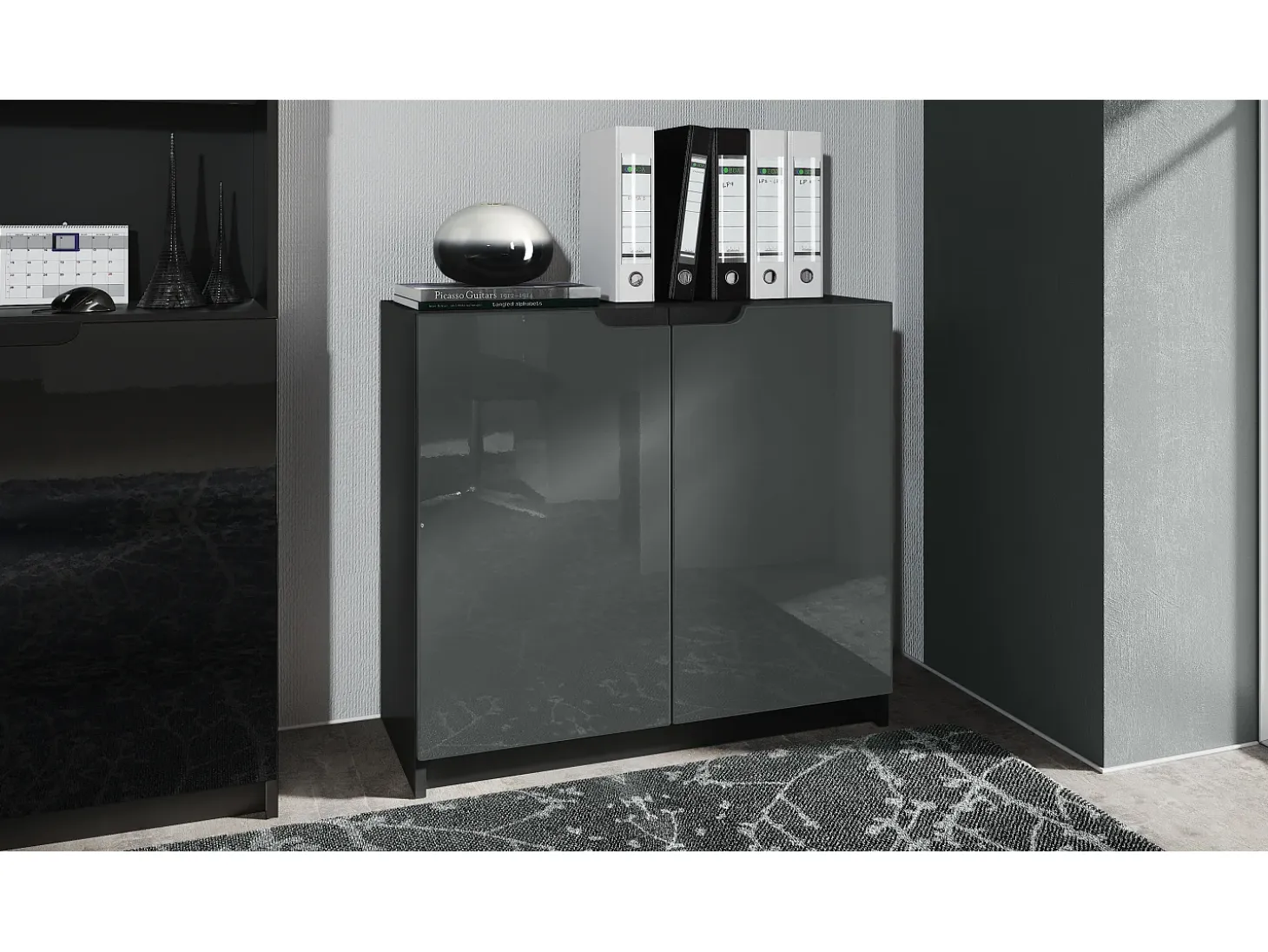 Cajonera Logan, Cómoda con 2 Puertas, negro mate/gris de alto brillo (82 x 78 x 37 cm)