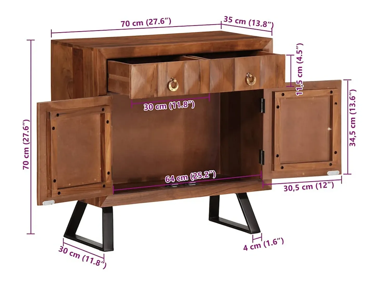 Cajonera marrón miel 70x35x70 cm madera maciza acacia