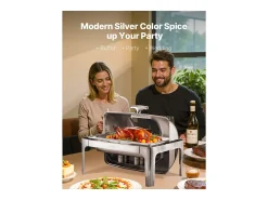 Calentadores de Comida SucceBuy Juego de Calientaplatos Rectangular de Acero Inoxidable de 8.5 L con Tapa Enrollable y 2 Bandejas Medianas