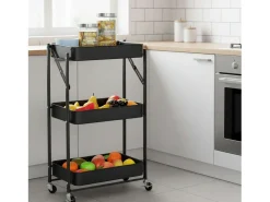 Carrito auxiliar cocina 3 baldas ruedas negro 45x77x29 cm