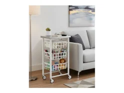 Carrito auxiliar FIFTY-FIFTY con 3 cestas metálicas, encimera de acero inoxidable y ruedas. Diseño moderno y funcionalidad