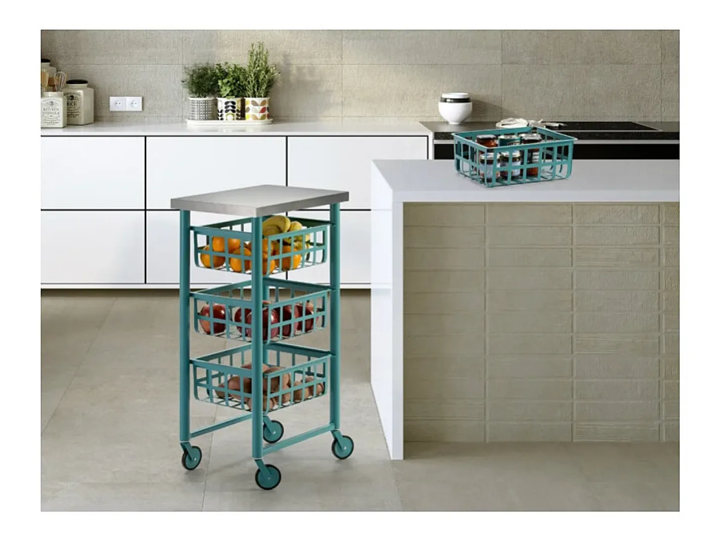 Carrito auxiliar FIFTY-FIFTY con 3 cestas metálicas, encimera de acero inoxidable y ruedas. Diseño moderno y funcionalidad